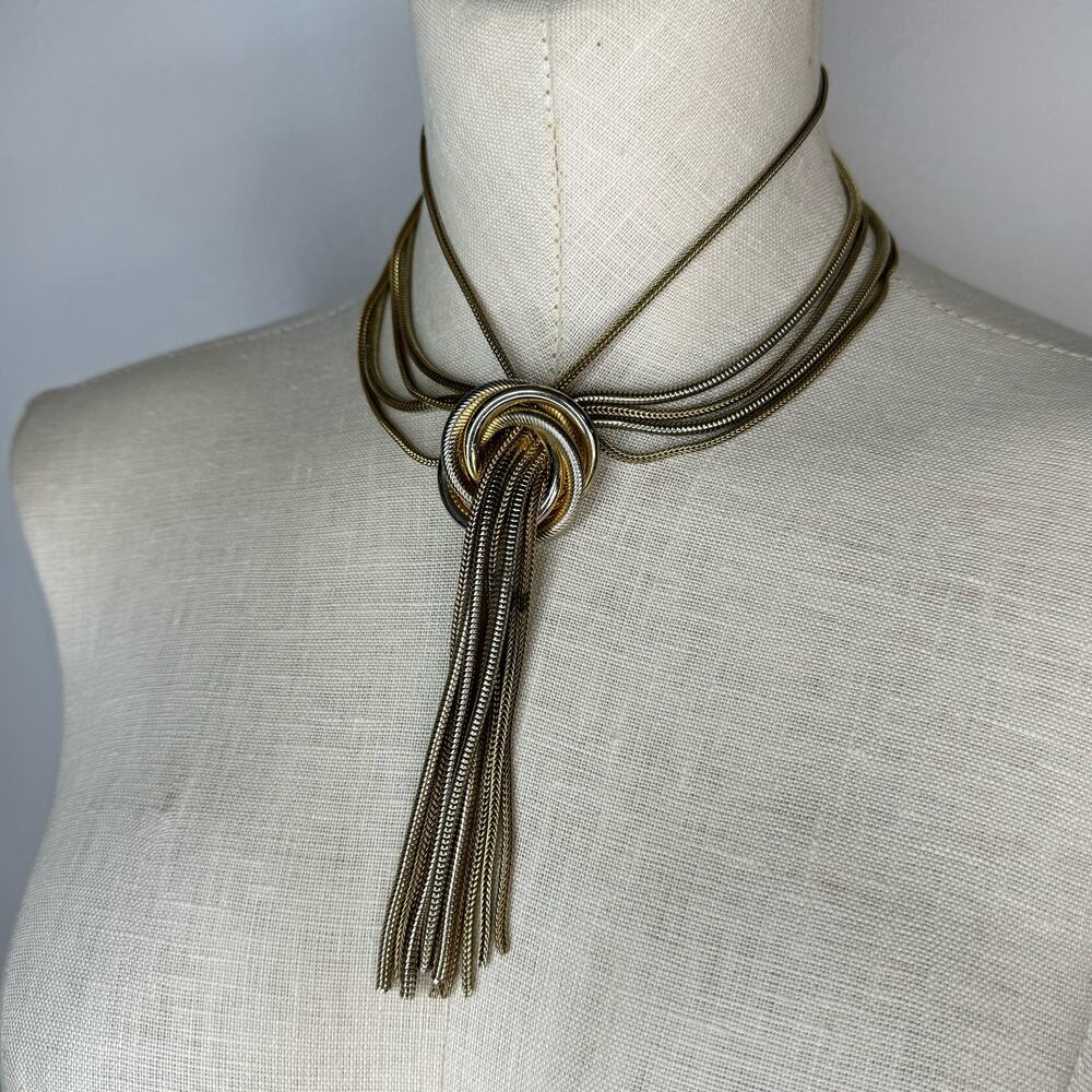 Vintage 60s Designer Costume Mulit Chain Knot Necklace Tassel Jewelry Unsigned